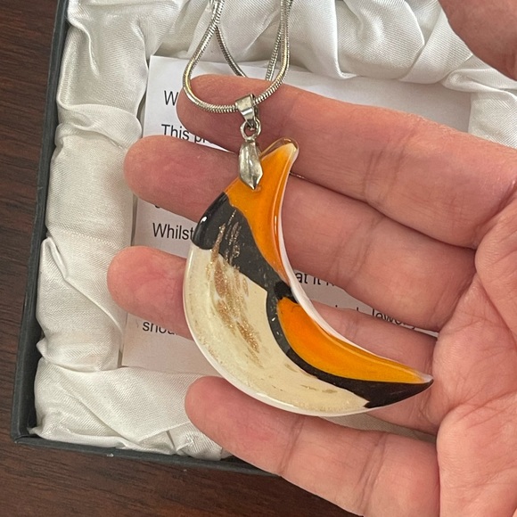 La Dolce hand blown glass moon pendant 18K white gold plated snake chain. - Picture 3 of 8